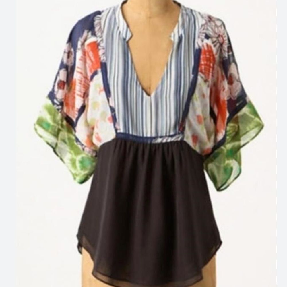 One.September by Anthropologie bohemian style blouse a patchwork sheer size 2